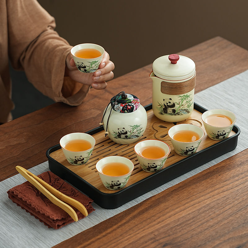 古樸禪意【熊貓黃玉汝窯】便攜式戶外旅行茶具 商務 禮盒 家用 品味百態人生！