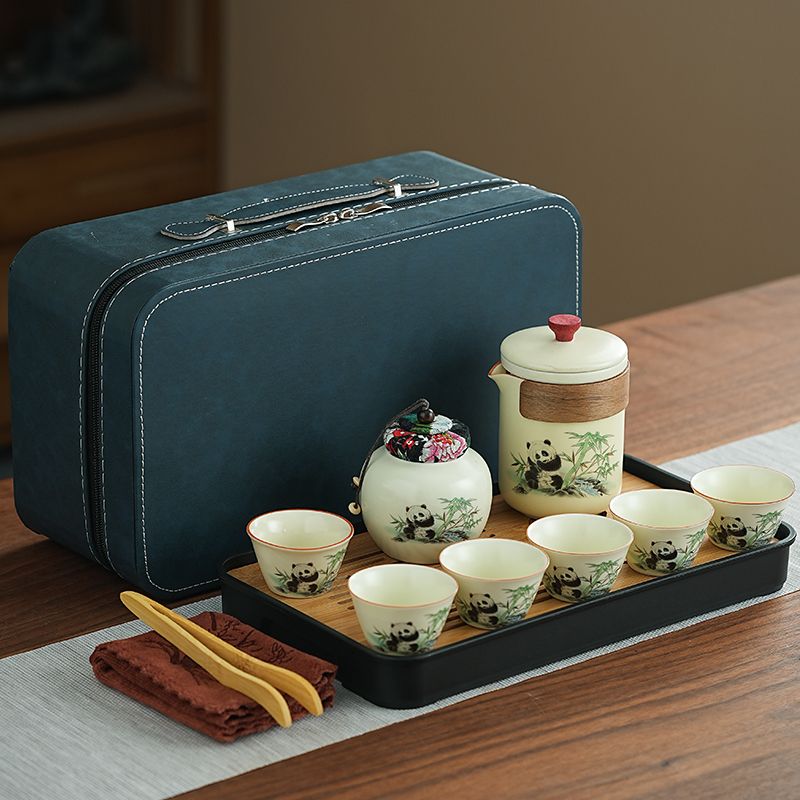 古樸禪意【熊貓黃玉汝窯】便攜式戶外旅行茶具 商務 禮盒 家用 品味百態人生！
